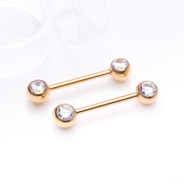Detail View 1 of A Pair of Implant Grade Titanium Golden Gem Ball Internally Threaded Nipple Barbell-Clear Gem